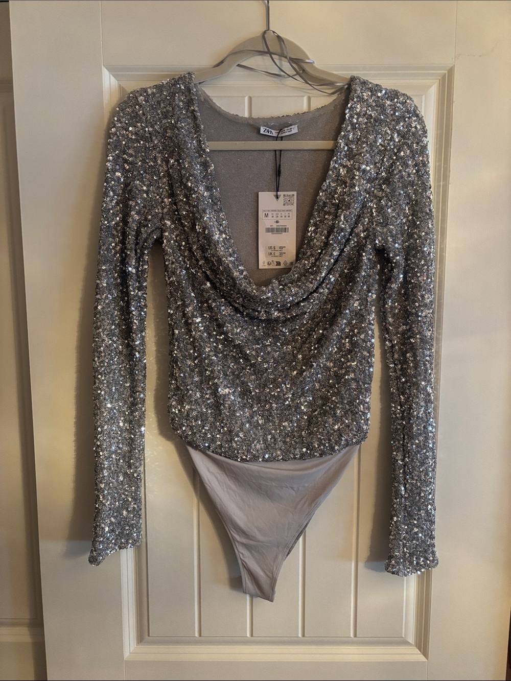 NWT Zara Silver Sequin Long Sleeve Cowl Neck Bodysuit
